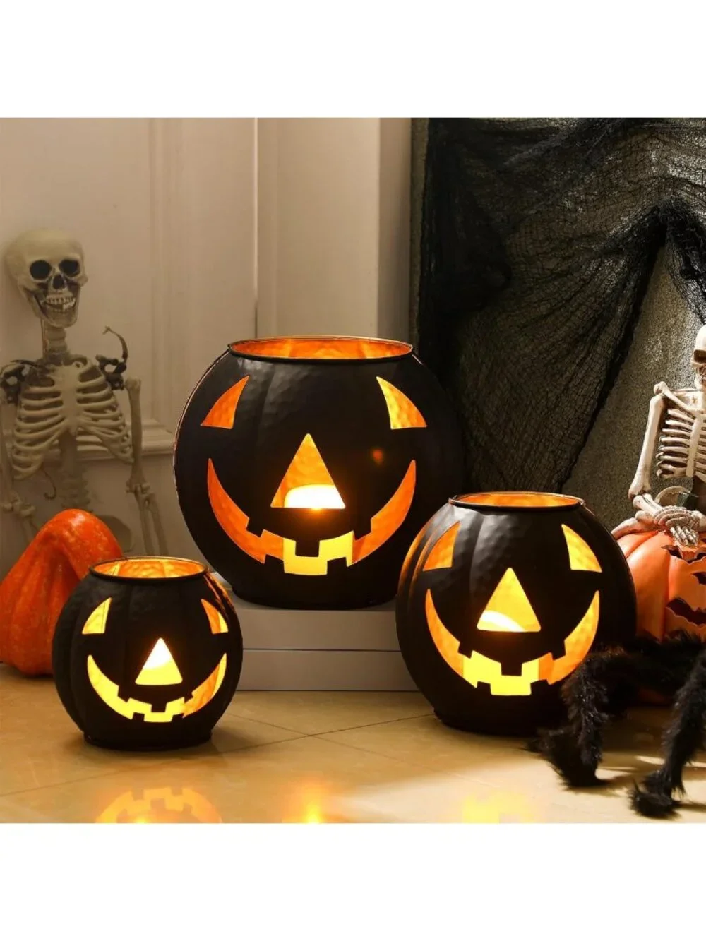 Set of 3 Halloween Jack O' Lanterns with LED Candles & Creepy Cloth Decor